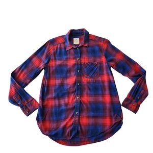 American Eagle Vintage Boyfriend Plaid Top PS Button Shirt Blue Red Flannel